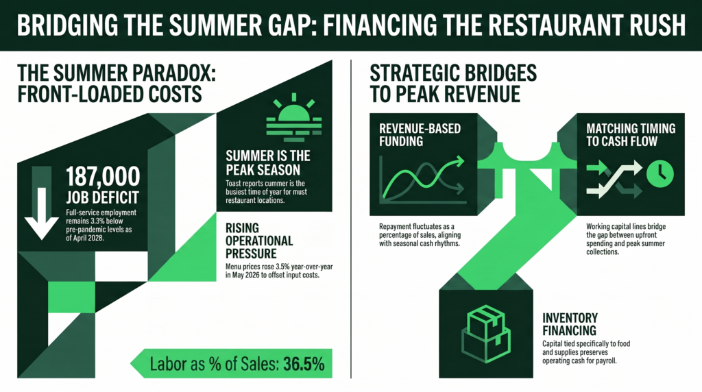 Infographic: bridging the summer gap for restaurants, including the 187,000-job full-service employment deficit, labor at about 36.5 percent of sales, menu prices up 3.5 percent, and working capital and revenue-based funding.