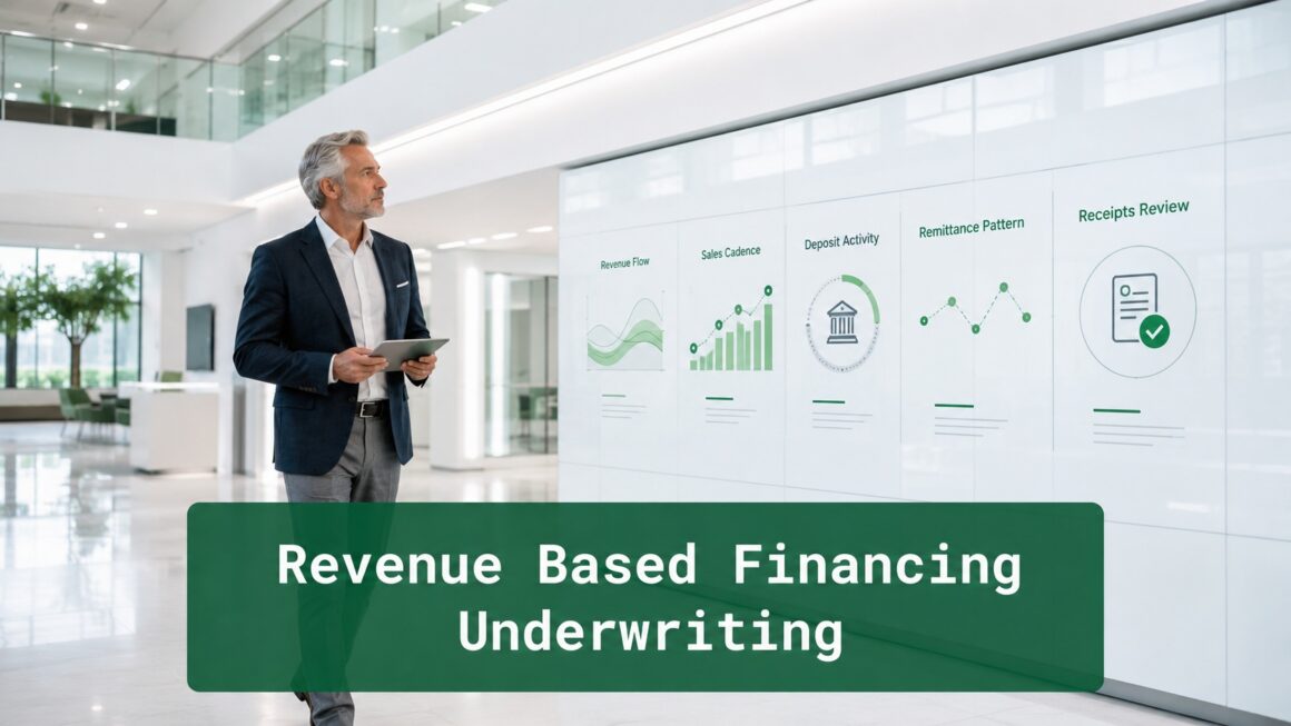 Revenue-based financing underwriting image showing revenue flow, sales cadence, deposit activity, remittance patterns, and receipts review