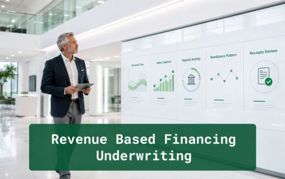 Revenue-based financing underwriting image showing revenue flow, sales cadence, deposit activity, remittance patterns, and receipts review