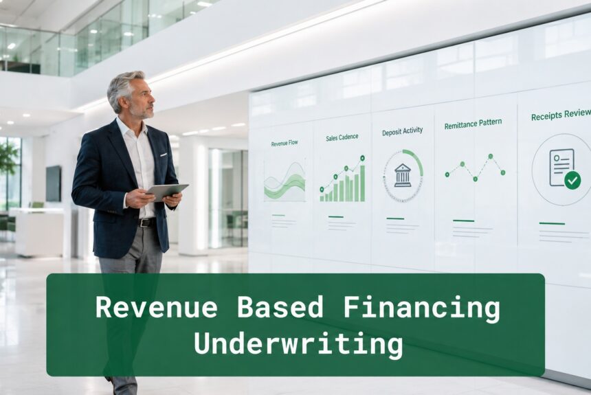 Revenue-based financing underwriting image showing revenue flow, sales cadence, deposit activity, remittance patterns, and receipts review