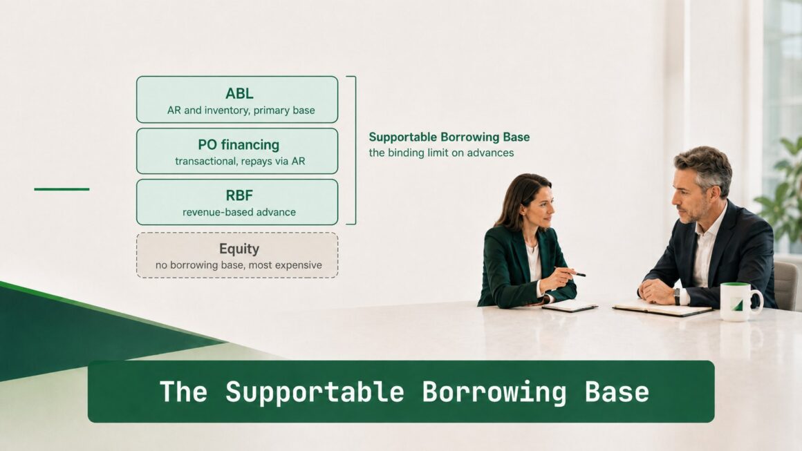 Finance professionals reviewing ABL, PO, RBF, and equity layers against the Supportable Borrowing Base binding limit