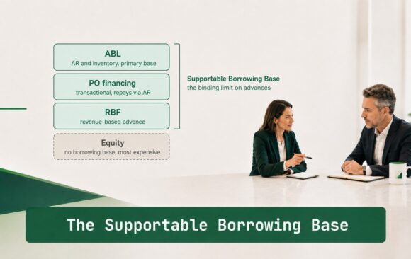 Finance professionals reviewing ABL, PO, RBF, and equity layers against the Supportable Borrowing Base binding limit