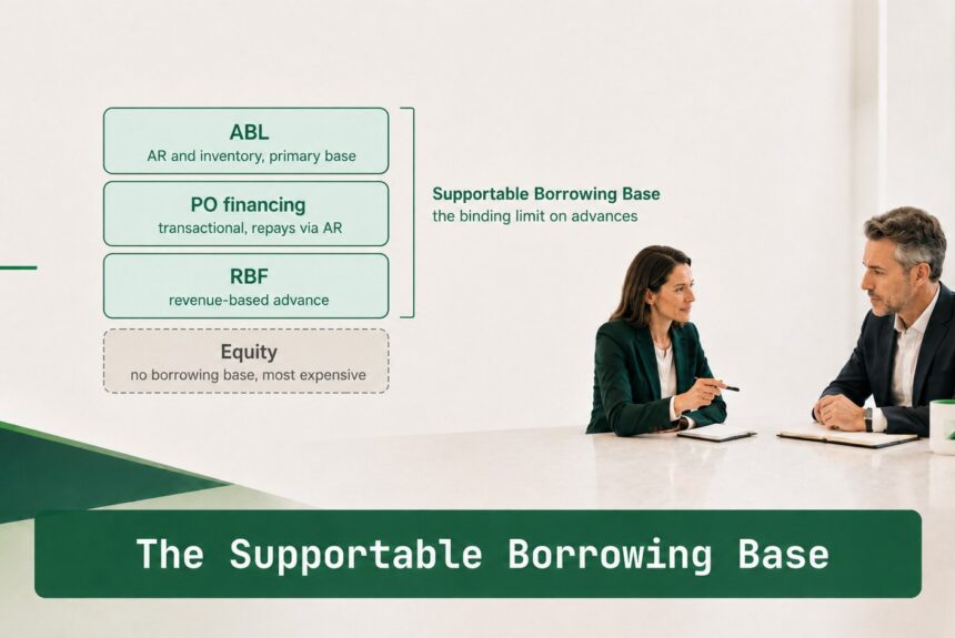 Finance professionals reviewing ABL, PO, RBF, and equity layers against the Supportable Borrowing Base binding limit