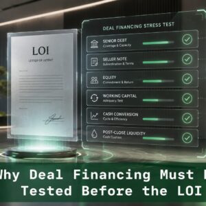 Conceptual acquisition financing stress test showing an LOI document, senior debt, seller note, equity, cash conversion, and post-close liquidity review before closing