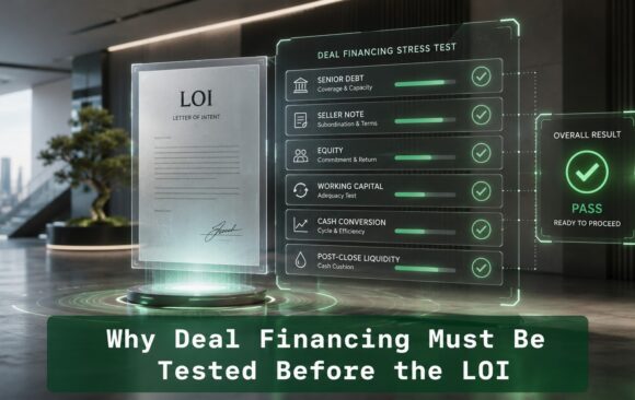 Why Deal Financing Must Be Tested Before the LOI Conceptual acquisition financing stress test showing an LOI document, senior debt, seller note, equity, cash conversion, and post-close liquidity review before closing