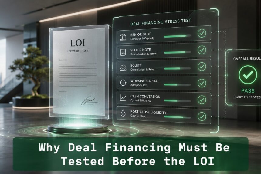 Conceptual acquisition financing stress test showing an LOI document, senior debt, seller note, equity, cash conversion, and post-close liquidity review before closing