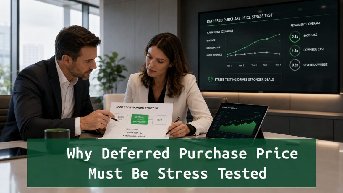 wo professionals reviewing acquisition financing materials with a deferred purchase price stress test dashboard in the background.
