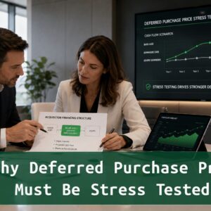 wo professionals reviewing acquisition financing materials with a deferred purchase price stress test dashboard in the background.