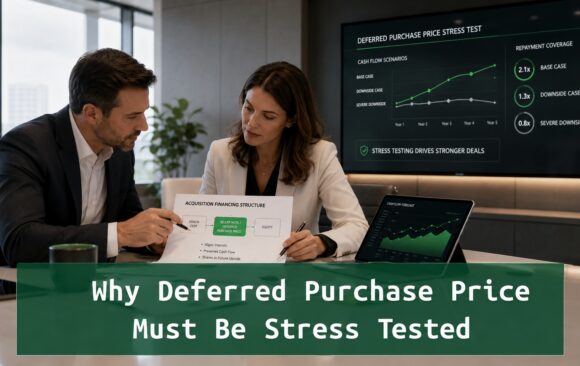 Deferred Purchase Price Stress Test for Acquisition Financing wo professionals reviewing acquisition financing materials with a deferred purchase price stress test dashboard in the background.