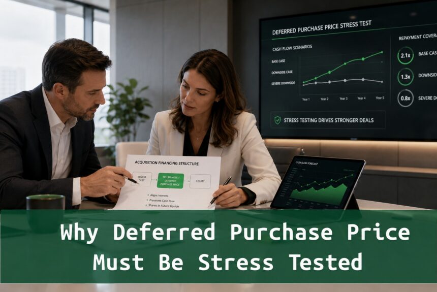 wo professionals reviewing acquisition financing materials with a deferred purchase price stress test dashboard in the background.