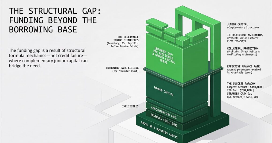 Isometric infographic titled The Structural Gap: Funding Beyond the Borrowing Base, showing gross AR and business assets, reserves, concentration caps and ineligibles building up to funded capital beneath a borrowing base ceiling, with the unfunded gap of pre-receivable and growth capital needs above it, bridged by junior capital under an intercreditor agreement.