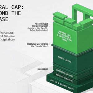 34580-featured-funding-beyond-1200x630 Isometric infographic titled The Structural Gap: Funding Beyond the Borrowing Base, showing gross AR and business assets, reserves, concentration caps and ineligibles building up to funded capital beneath a borrowing base ceiling, with the unfunded gap of pre-receivable and growth capital needs above it, bridged by junior capital under an intercreditor agreement.