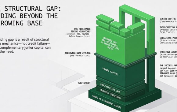 Isometric infographic titled The Structural Gap: Funding Beyond the Borrowing Base, showing gross AR and business assets, reserves, concentration caps and ineligibles building up to funded capital beneath a borrowing base ceiling, with the unfunded gap of pre-receivable and growth capital needs above it, bridged by junior capital under an intercreditor agreement.