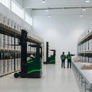 Wide view down the aisle of a modern third-party logistics warehouse: tall deep green pallet racking on both sides loaded with shrink-wrapped pallets, two green reach trucks in the aisle, a roller conveyor running along the right, and two workers in green safety vests seen from behind under bright neutral daylight.