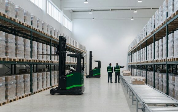 Wide view down the aisle of a modern third-party logistics warehouse: tall deep green pallet racking on both sides loaded with shrink-wrapped pallets, two green reach trucks in the aisle, a roller conveyor running along the right, and two workers in green safety vests seen from behind under bright neutral daylight.
