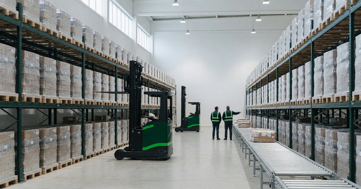 Wide view down the aisle of a modern third-party logistics warehouse: tall deep green pallet racking on both sides loaded with shrink-wrapped pallets, two green reach trucks in the aisle, a roller conveyor running along the right, and two workers in green safety vests seen from behind under bright neutral daylight.