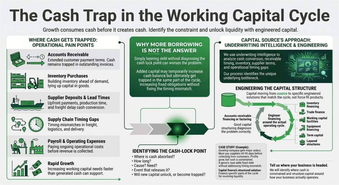 featured-cash-lock-working-capital-cycle Infographic: The Cash Trap in the Working Capital Cycle. Where cash gets trapped (receivables, inventory, supplier deposits, supply chain timing gaps, payroll, rapid growth), why more borrowing is not the answer, and how Capital Source uses underwriting intelligence to engineer capital around the operating cycle.