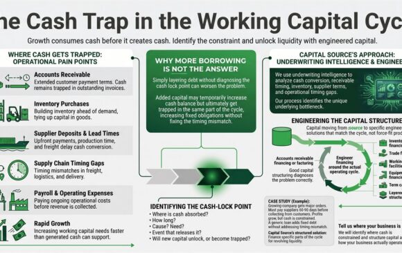 Infographic: The Cash Trap in the Working Capital Cycle. Where cash gets trapped (receivables, inventory, supplier deposits, supply chain timing gaps, payroll, rapid growth), why more borrowing is not the answer, and how Capital Source uses underwriting intelligence to engineer capital around the operating cycle.