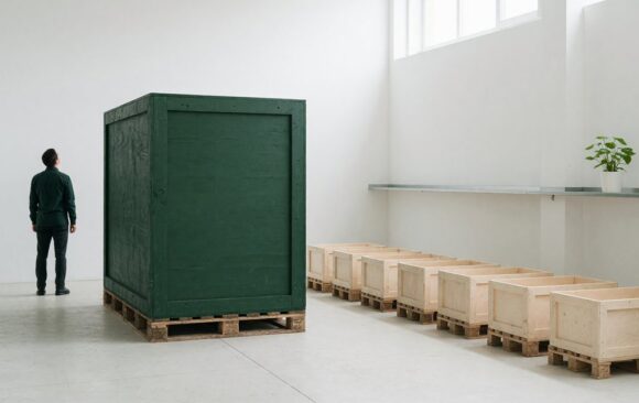 customer-concentration-featured A business owner stands with their back to the camera in a bright warehouse, looking at one oversized deep green crate that towers over a row of much smaller crates, a visual analogy for one customer carrying most of the revenue.