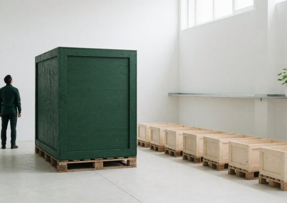 A business owner stands with their back to the camera in a bright warehouse, looking at one oversized deep green crate that towers over a row of much smaller crates, a visual analogy for one customer carrying most of the revenue.