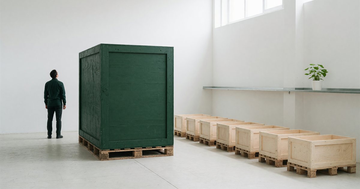 A business owner stands with their back to the camera in a bright warehouse, looking at one oversized deep green crate that towers over a row of much smaller crates, a visual analogy for one customer carrying most of the revenue.