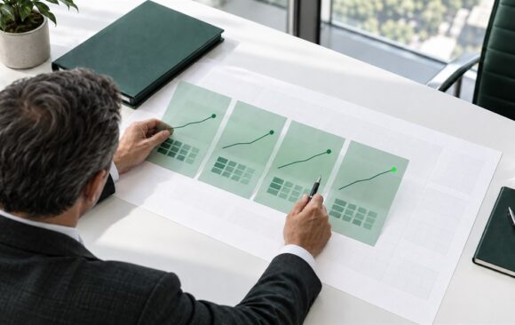 Floating-Rate Debt Scenario Planning An anonymous finance leader compares four translucent green scenario sheets across a debt-planning grid in a bright boardroom.