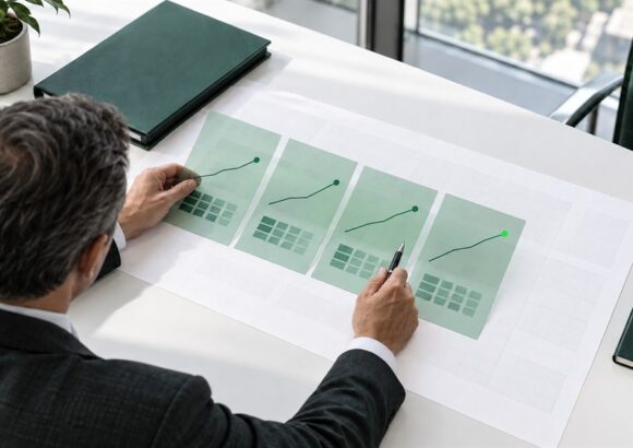 An anonymous finance leader compares four translucent green scenario sheets across a debt-planning grid in a bright boardroom.