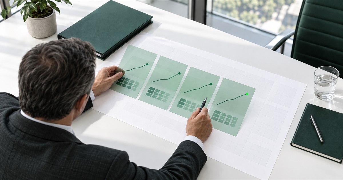 An anonymous finance leader compares four translucent green scenario sheets across a debt-planning grid in a bright boardroom.