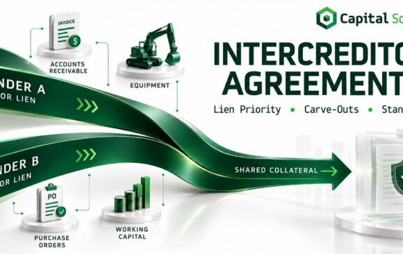 intercreditor-owner-card-1200x630 Capital Source title card: green ribbons labeled Lender A senior lien and Lender B junior lien merge into one shared collateral arrow, flanked by icons for accounts receivable, equipment, purchase orders, and working capital