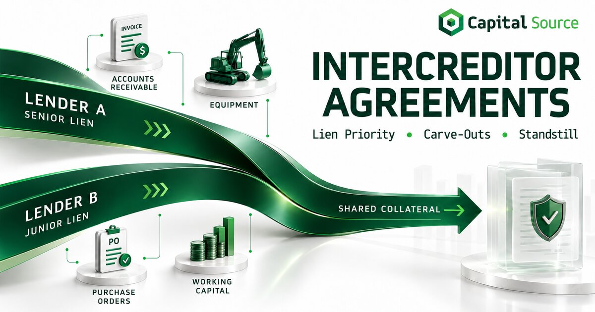 Capital Source title card: green ribbons labeled Lender A senior lien and Lender B junior lien merge into one shared collateral arrow, flanked by icons for accounts receivable, equipment, purchase orders, and working capital