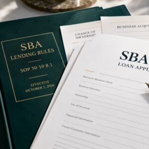 sba7a-rules-oct2026-featured SBA 7(a) loan application documents beside a bound green copy of the SBA lending rules, SOP 50 10 8.1, effective October 1, 2026