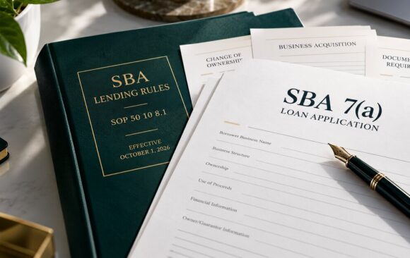 sba7a-rules-oct2026-featured SBA 7(a) loan application documents beside a bound green copy of the SBA lending rules, SOP 50 10 8.1, effective October 1, 2026