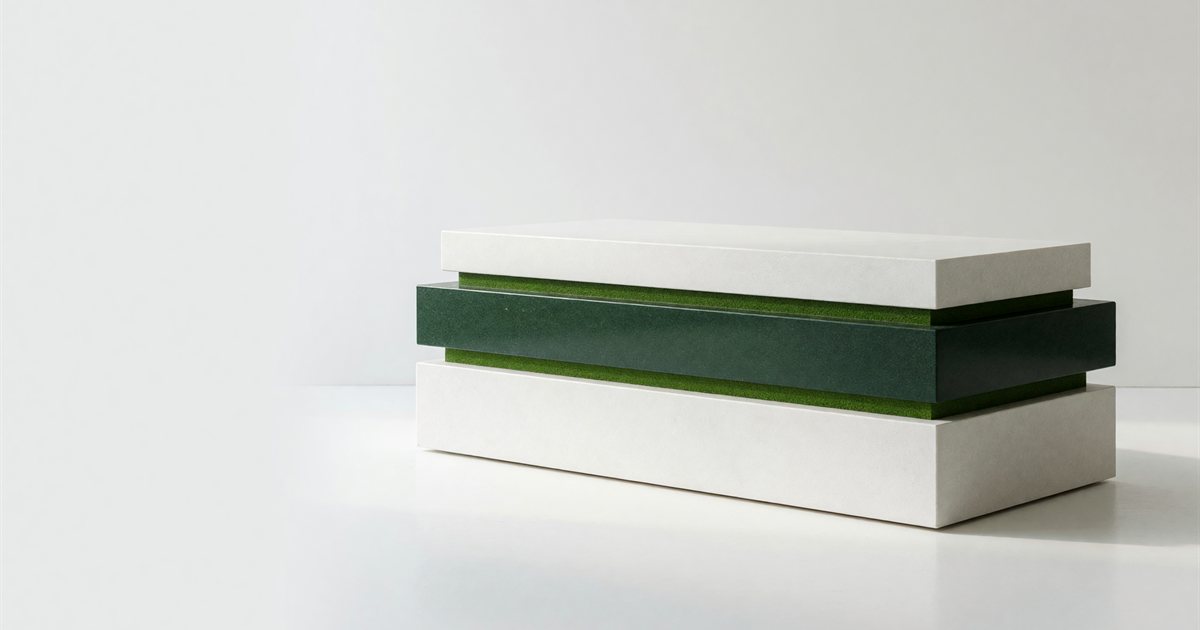 A low stack of three fitted stone courses on a bright white floor: a white base, a deep green middle course that projects slightly beyond the layers above and below, and a white top course, with thin bright green bands at the joints.